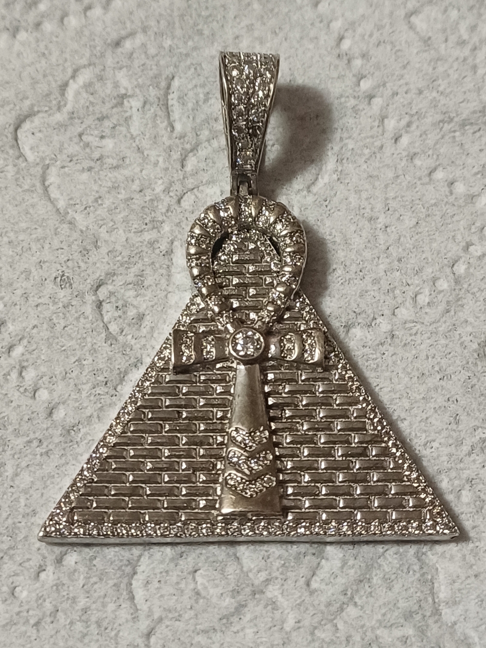 Silver Pyramid Ankh Pendant with Rhinestone Accent